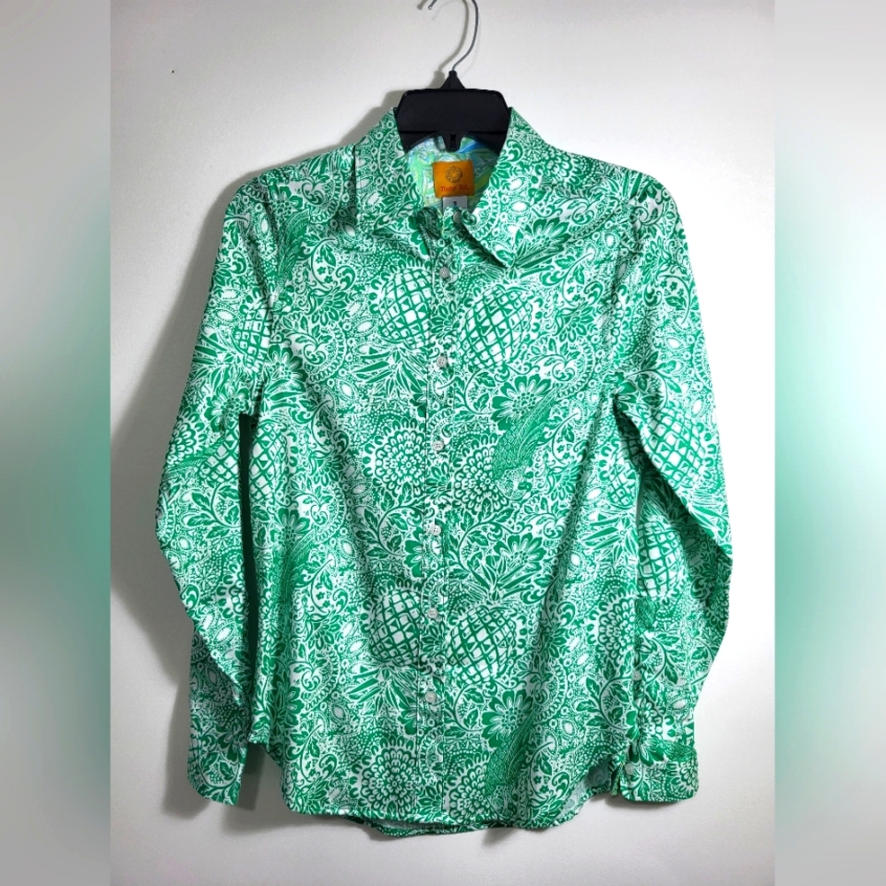NWOT Ruby Rd green & white boho button down shirt women's S #2343